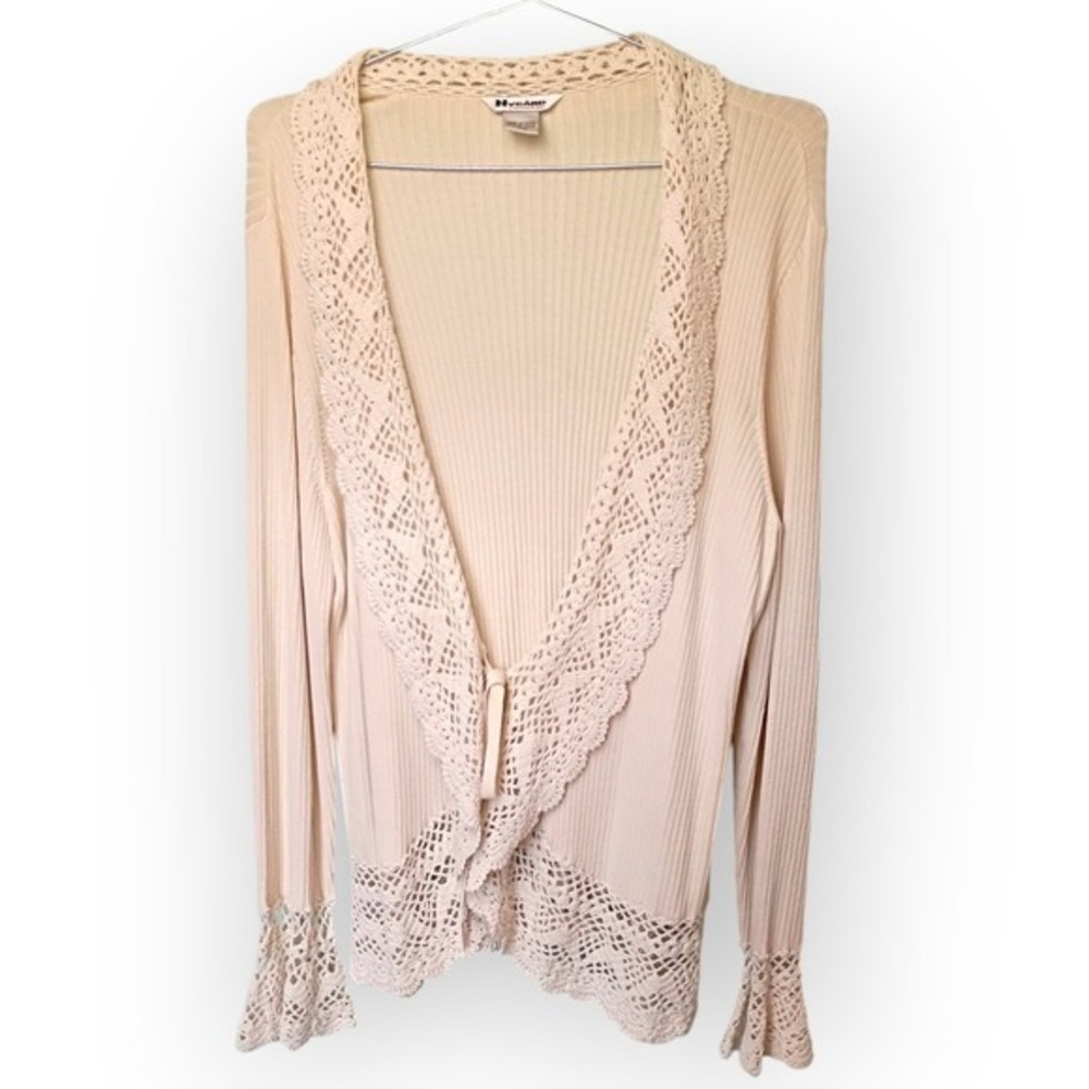 Nygard Vintage Ivory Cardigan Crochet Bell Sleeve Creme Ribbed Knit Sweater Sz L